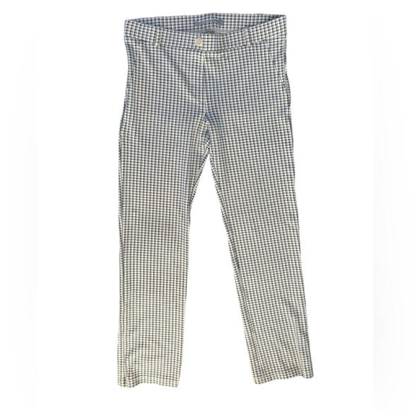 Betabrand Plaid Yoga Dress Pant LP Cream Navy Mint Green Pull On Style Straight - Picture 2 of 5